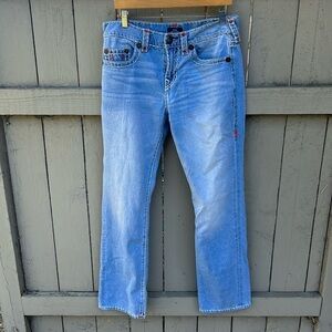True Religion Ricky Relaxed Straight Jeans Sz 32 With Orange Stitching.